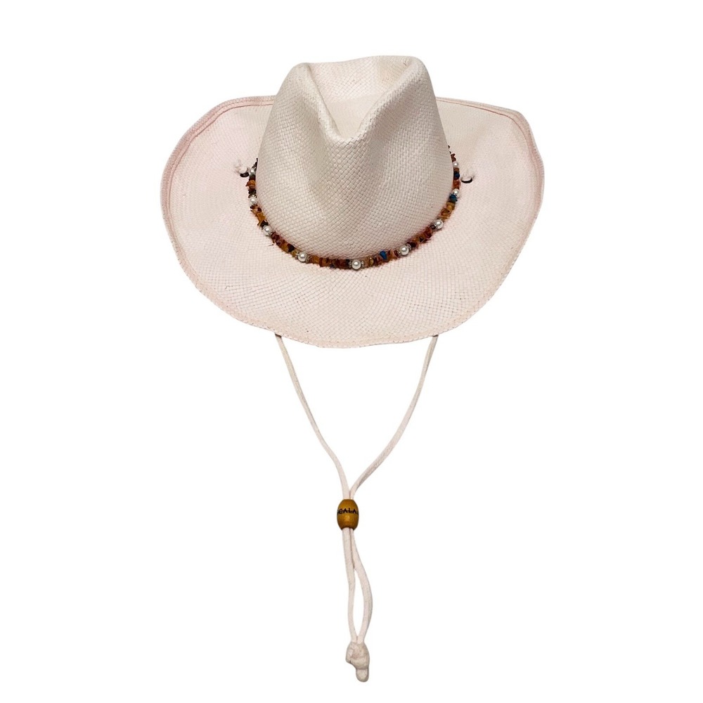 Scala Women's Pink Cowgirl Western Straw Hat Pearls & Stones & Wire Brim Sz S/M